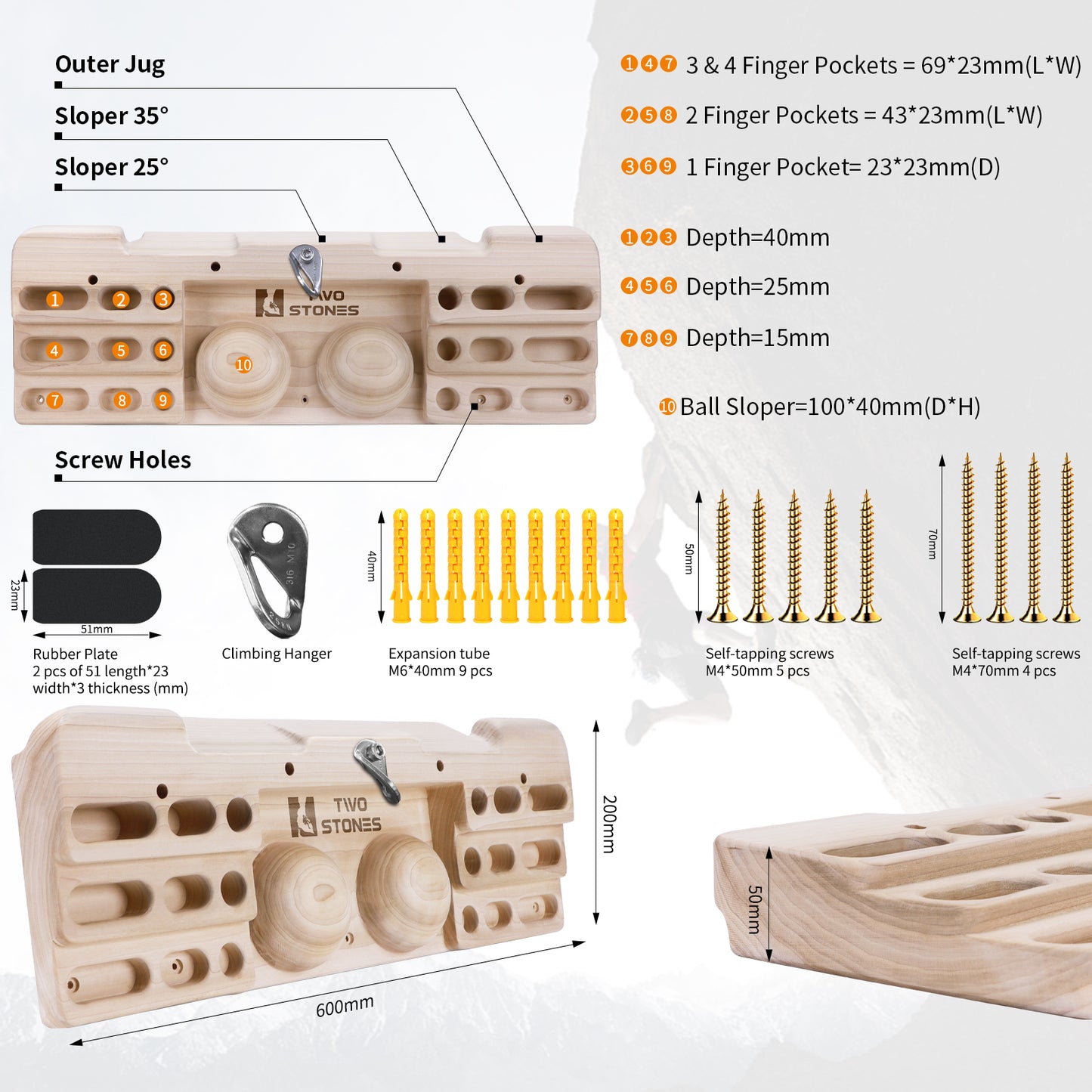 Hangboard Rock Climbing Pull Up Bar Designed Training for Climbing with Jugs, Slopes, Pockets and Edges(CJ-HB2005-TS)