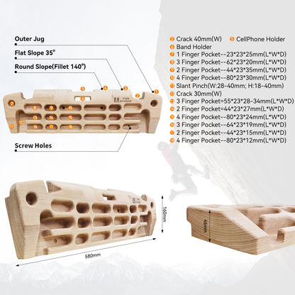 Hangboard Rock Climbing Hangboard with Phone Holder,Band Holder, Jugs, Cracks, Pinches, Pockets, Edges and Slopes; Wood Hang Board for Climbing