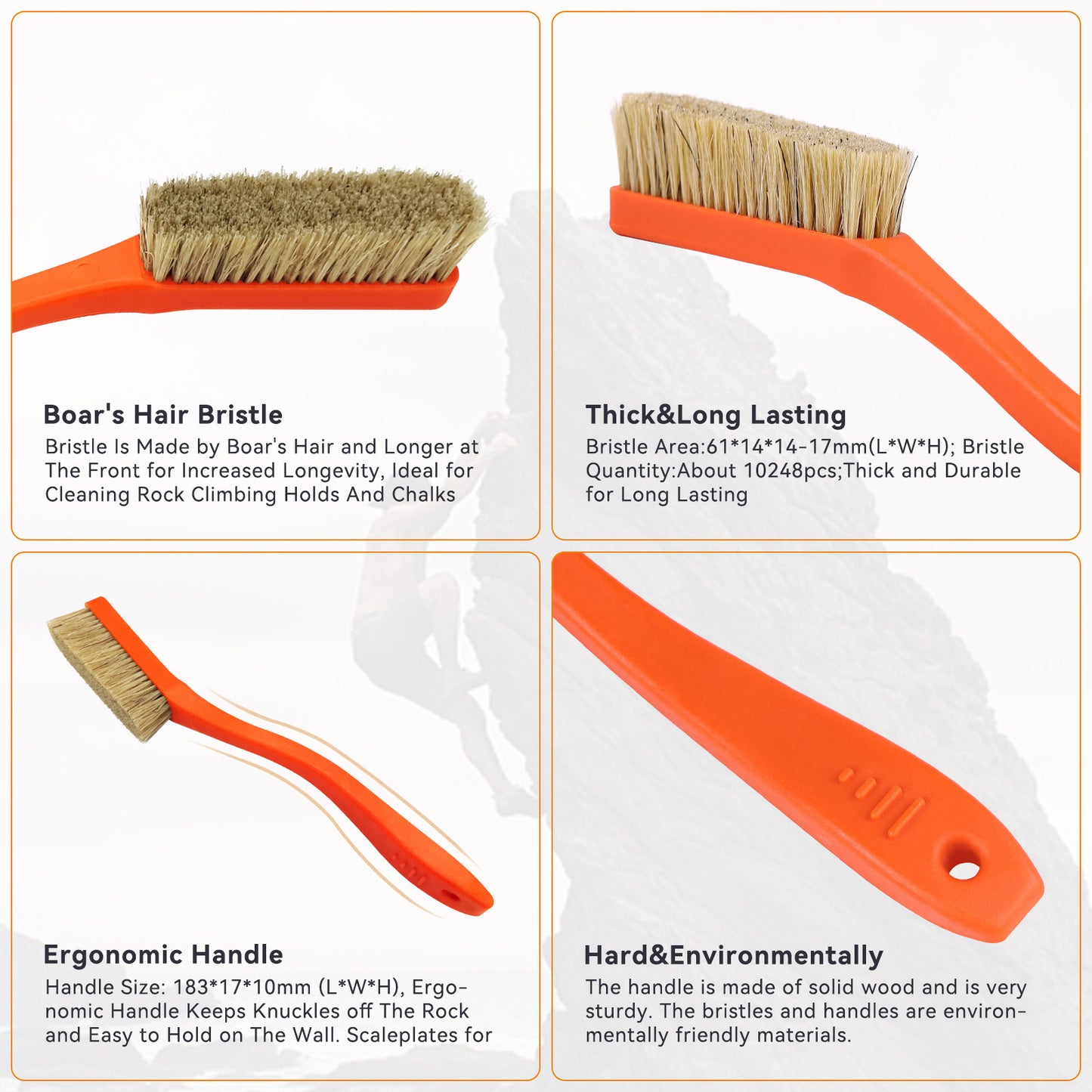 TWO STONES Climbing & Bouldering Brush with Natural Firm Boar's Hair Bristles and Durable Handle (PT-16027-MIX6-TS)