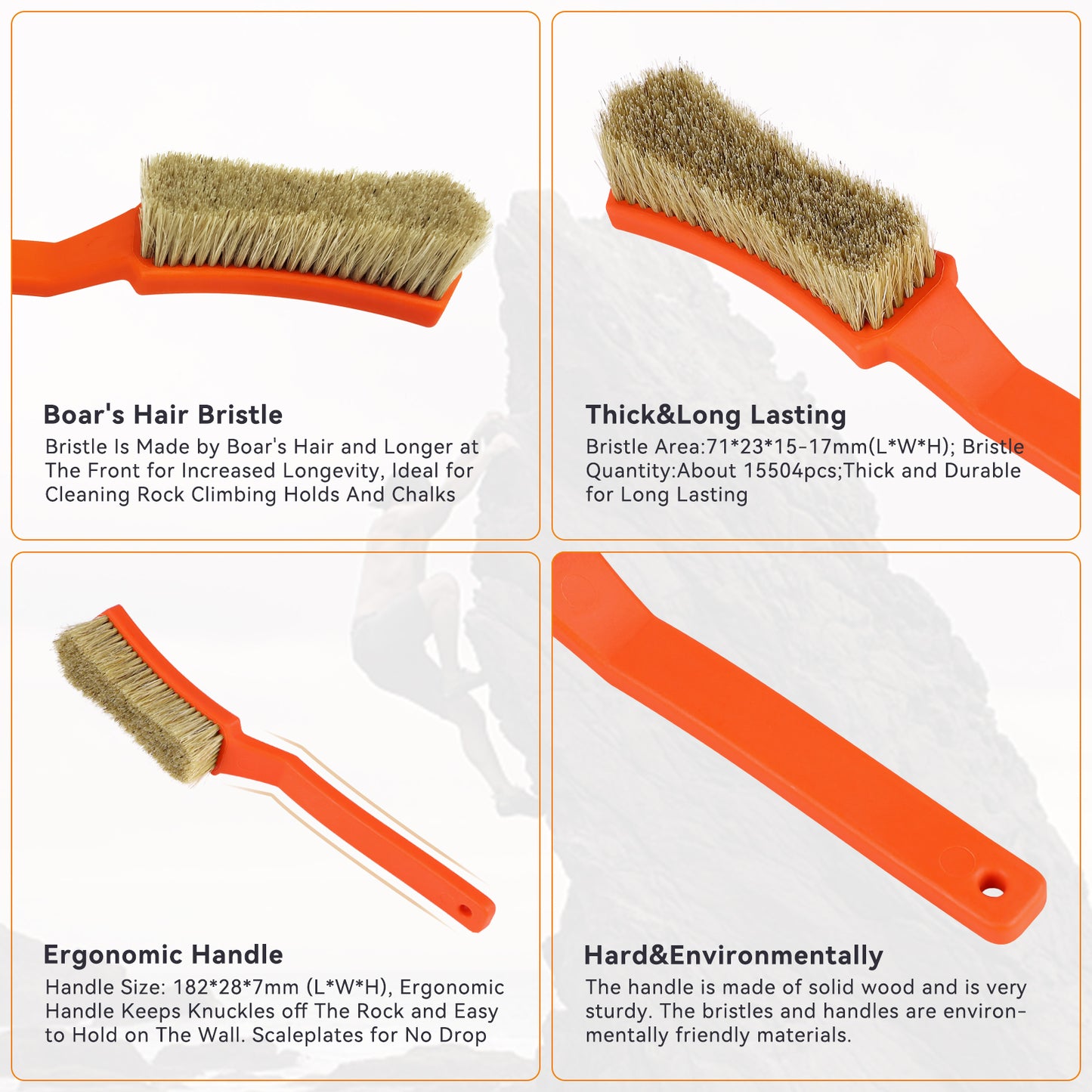 TWO STONES Climbing & Bouldering Brush with Natural Firm Boar's Hair Bristles and Durable Handle (PT-18005-BK&OG-TS)