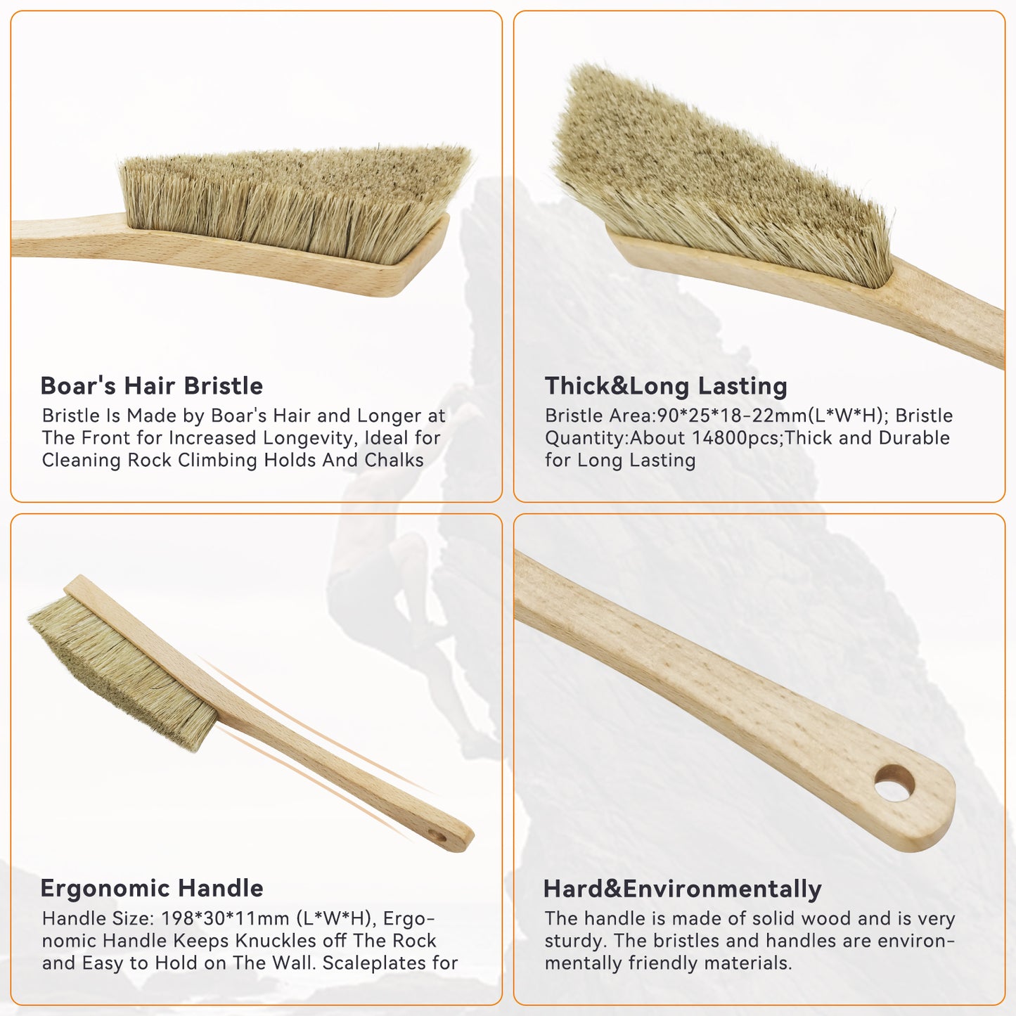 Wooden Rock Climbing Brush & Bouldering Brush with Thick Ultra Durable Boar's Hair Bristles (CJ-CB2024B-A-TS)