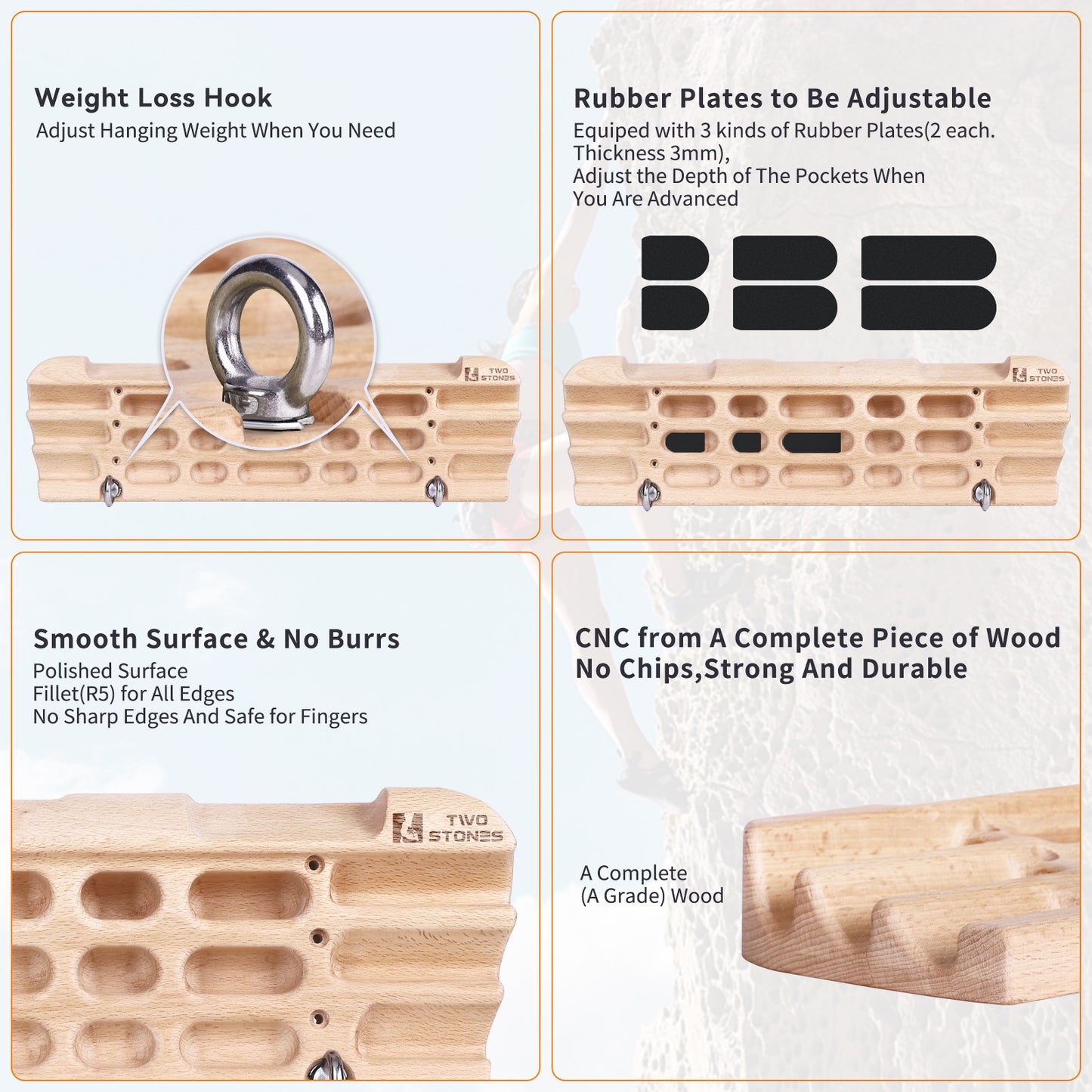 Hangboard Rock Climbing Hangboard with Jugs, Edges, Slopers, Pockets and Phone Hoder, Climbing Fingerboard Designed with Two Hooks for Rock Climbers