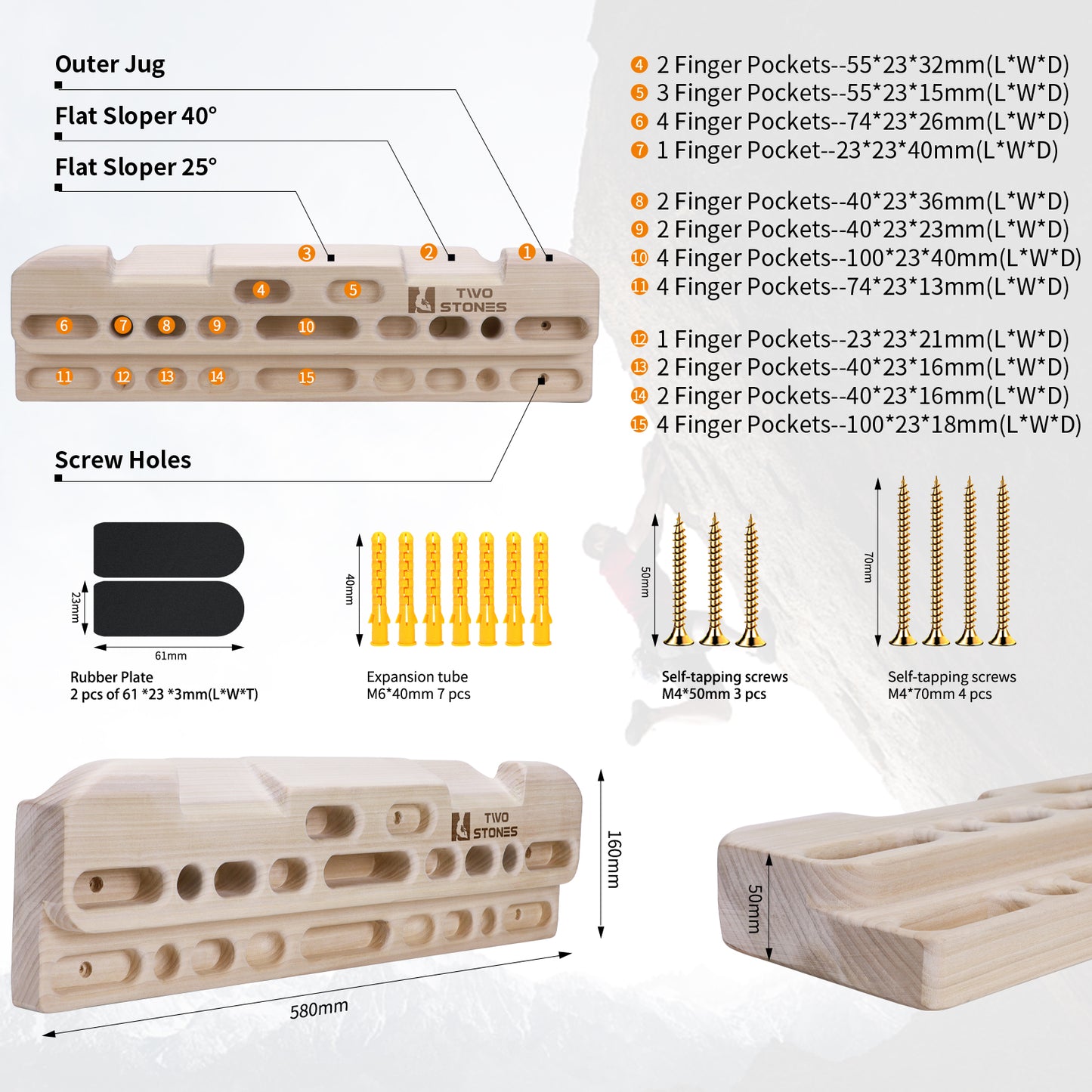 Wooden Hangboard Rock Climbing Pull Up Bar Designed Training for Climbing (CJ-HB2050-TS)